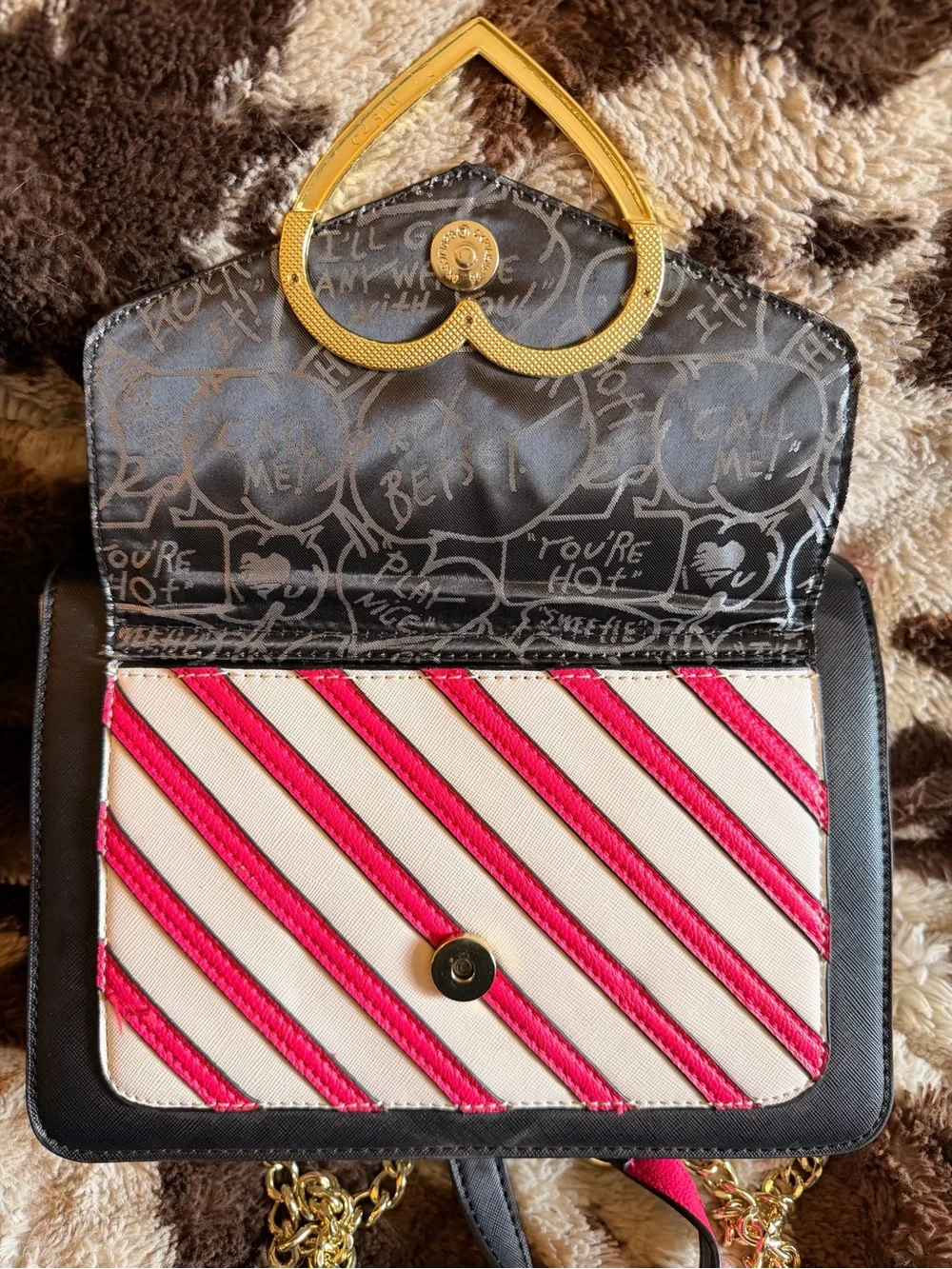Betsey Johnson Black, White & Pink Heart-Trim Quilted Crossbody